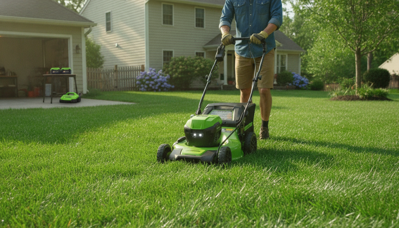 Cordless Lawn Mower: Dual Batteries, LEDs, Rapid Charge