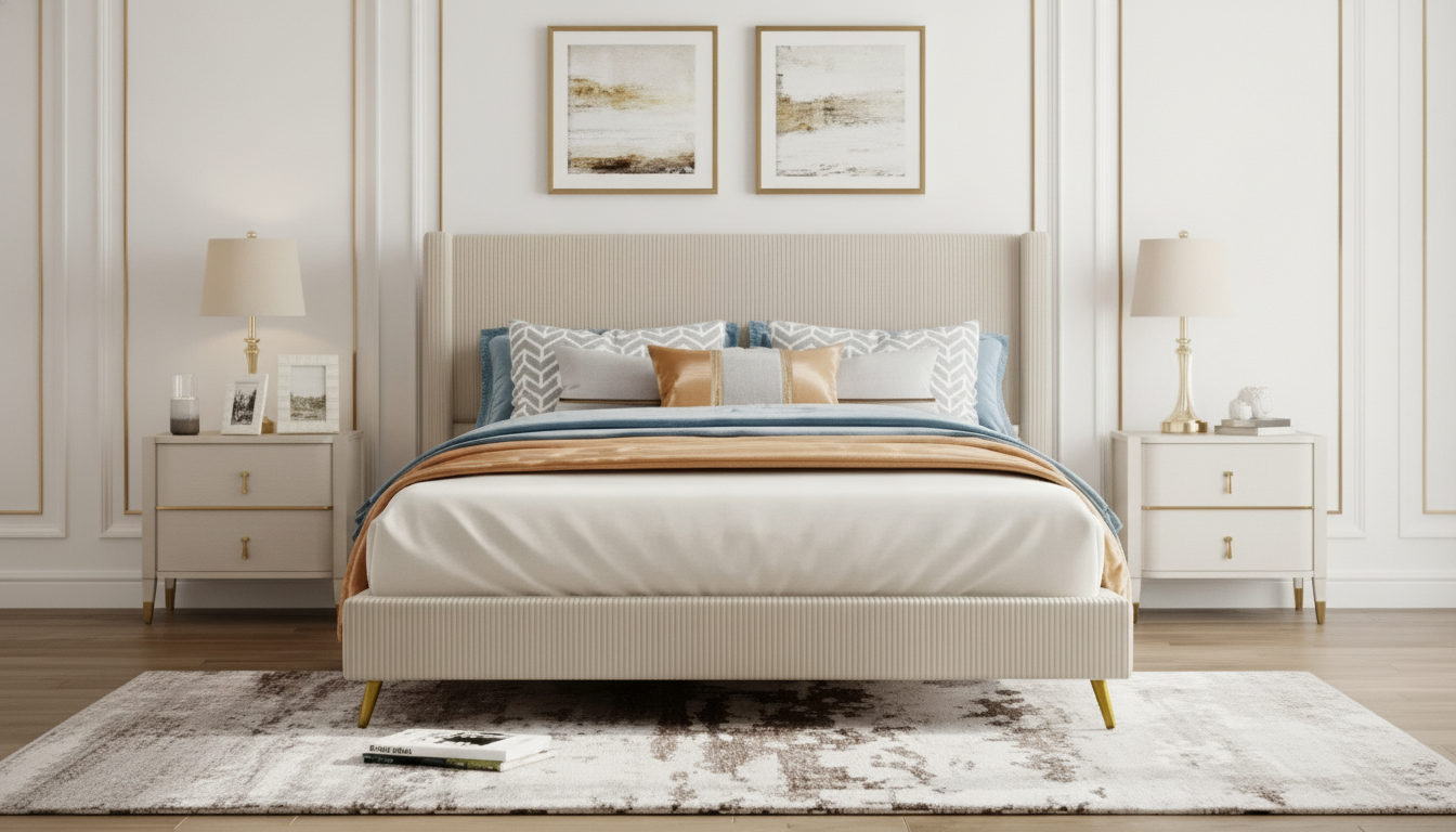 Queen Corduroy Platform Bed with Sleek Metal Legs